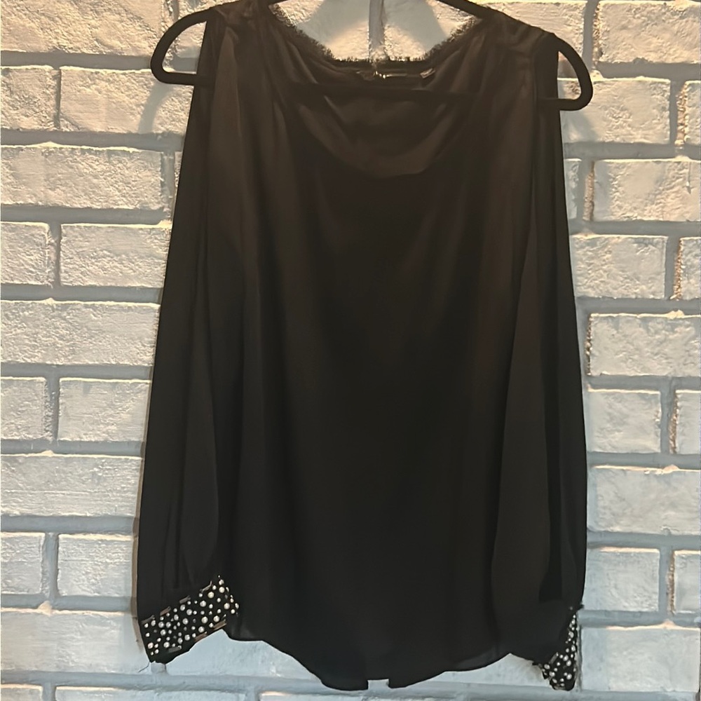 Guess chiffon split sleeve top with beaded and raw edge detailing
